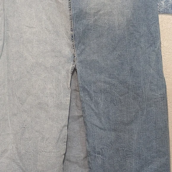 Two-Tone Light Denim Maxi Skirt 14 Slit Raw Hem Boho Indie Sleaze Pockets - Picture 4 of 8